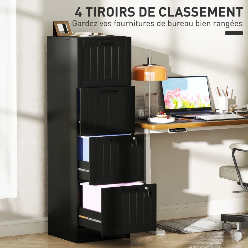HOMCOM Caisson bureau, meuble rangement bois 4 tiroirs et serrure, barres de suspension réglables, 40 x 40 x 131 cm, noir(m-4)