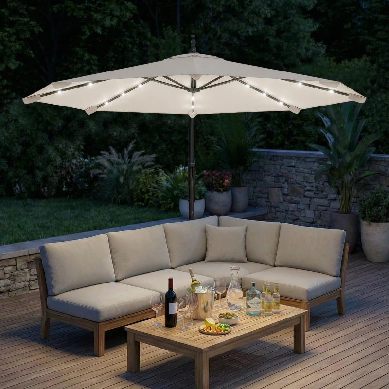 Outsunny 3 m Cantilever Parasol with Solar LED Lights Garden Umbrella with Cross Base, Cream White