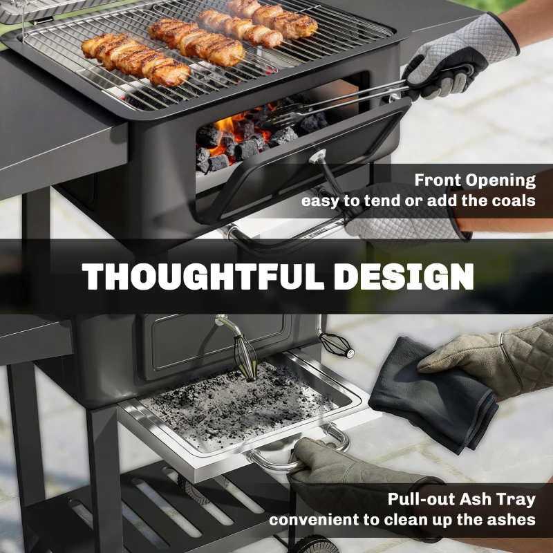 Outsunny Charcoal BBQ Grill with Adjustable Charcoal Pan, Large Barbecue Grill Smoker with Side Tables, Temperature for Outdoor