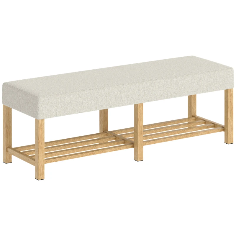 HOMCOM Banc à chaussures 140 cm en bois massif, banc d'entrée moderne avec assise rembourrée pour deux personnes, bois naturel et blanc crème