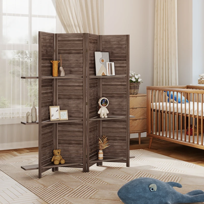 HOMCOM Biombo interior de madera 4 paneles 160 x 170 cm, separador de ambientes plegable con 3 estantes, nogal