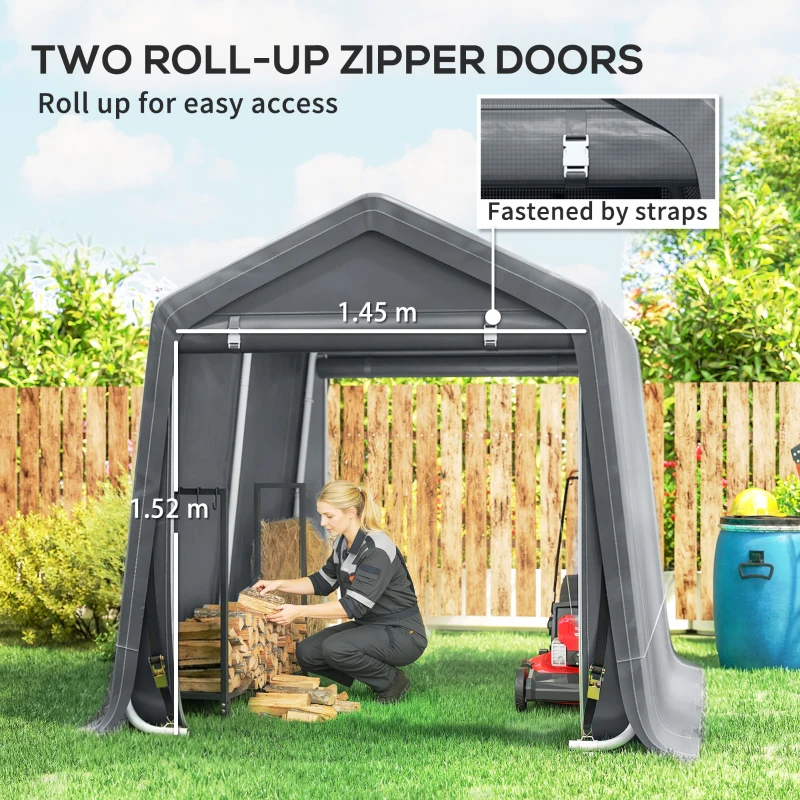 Outsunny 8 x 6.5 ft Outdoor Garden Storage Shed, Waterproof Bike Tent w/ Double Roll-up Zipper Door for Garden Tools, Dark Grey