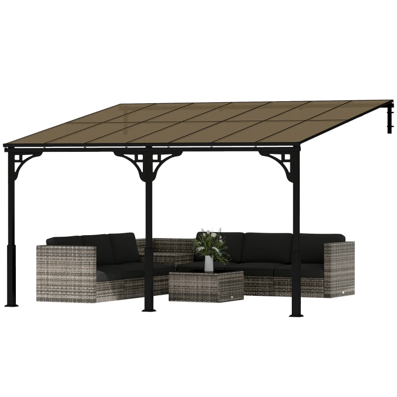 Outsunny 4 x 3 m Metal Lean-to Pergola, Wall-Mounted Garden Pergola with Polycarbonate Roof and Metal-Aluminium Frame, Heavy Duty Hardtop Gazebo for Outdoor Patios, BBQ, Brown
