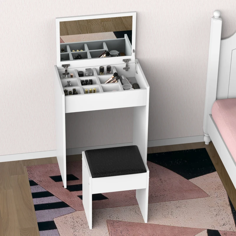HOMCOM Postazione Trucco con Specchio Richiudibile, Toeletta Trucco Moderno, con Sgabello, Vano Contenitore a 10 Scomparti, MDF Bianco, 60.2 x 40.2 x 79cm