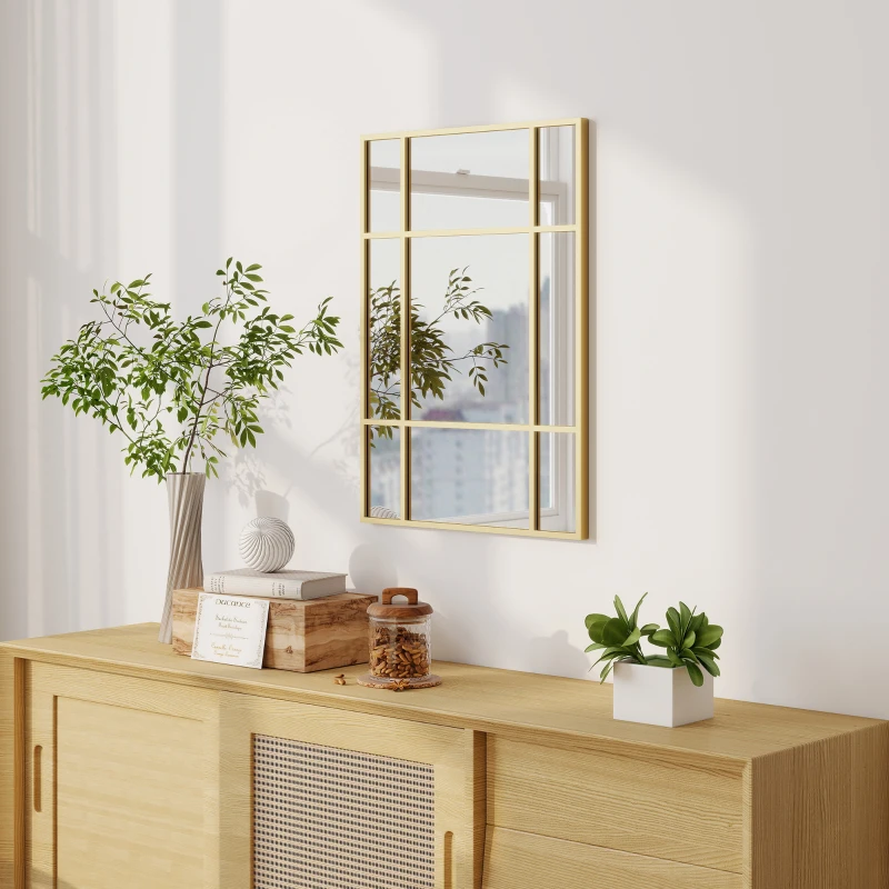 HOMCOM Specchio Rettangolare da Parete, Specchio a Finestra 70x50 cm con Cornice in Metallo, Specchio Decorativo per Soggiorno e Camera, Oro