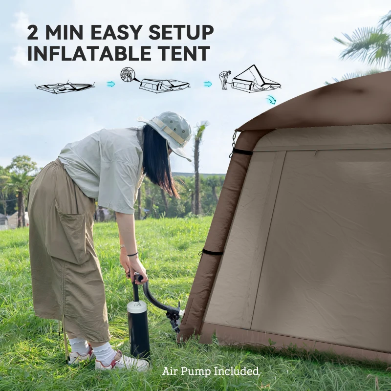 Outsunny Blow Up Tent w/ Hand Pump, Inflatable Camping Tent, Easy Setup 1/2 Person Waterproof Khaki