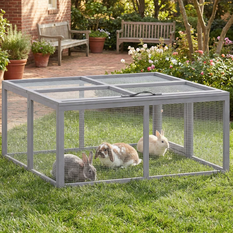 PawHut Adăpost pentru iepuri exterior Țarc pliabil din lemn Acoperiș rabatabil și mâner pentru găini și rațe 110x105x50cm Gri