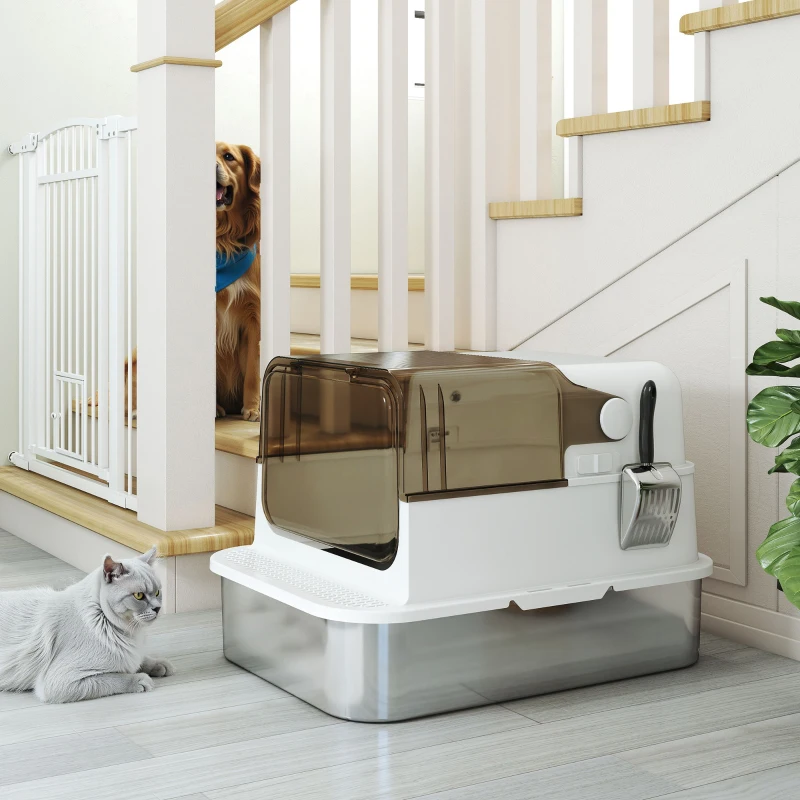 PawHut Arenero cerrado para gatos en acero inoxidable, casa de baño para gato con pala, 70 x 50 x 46,5 cm, blanco