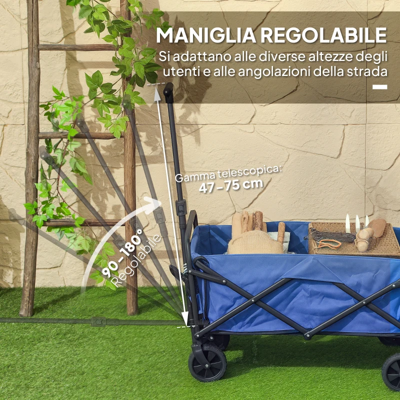 Outsunny Chariot de jardin 62 L pliable avec poignée réglable, en métal et tissu Oxford, 76x48x86 cm, Bleu