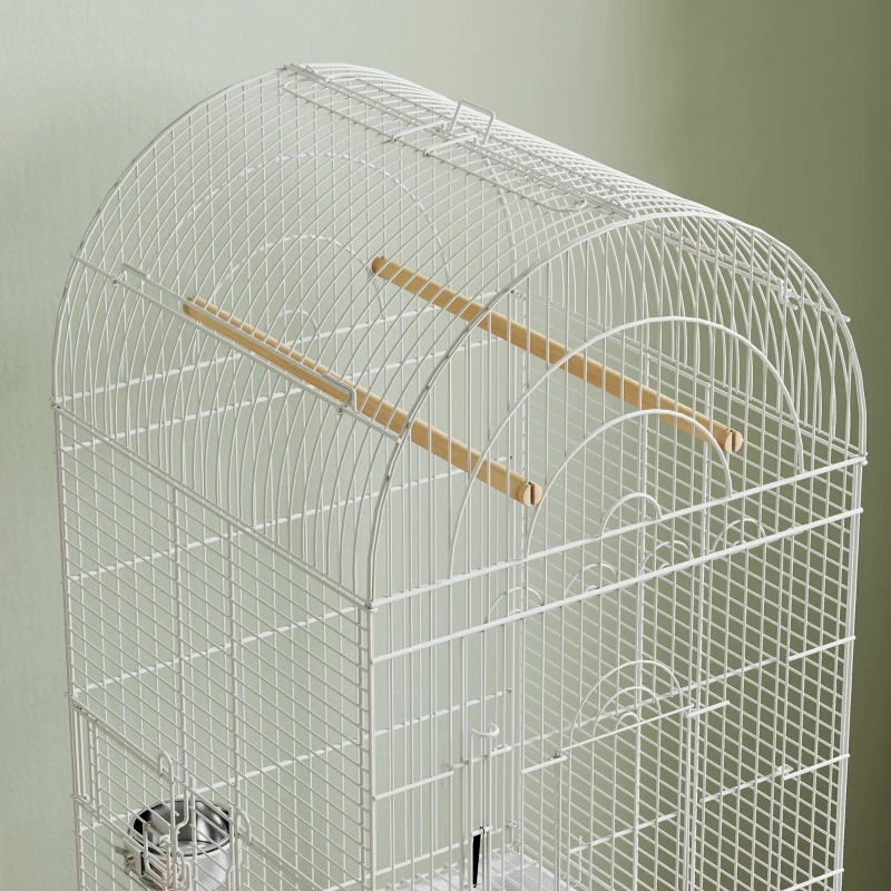 PawHut Cage pour oiseaux avec roulettes et étagère 51x51x153 cm avec partie supérieure rabattable, mangeoires et bac amovible, blanc