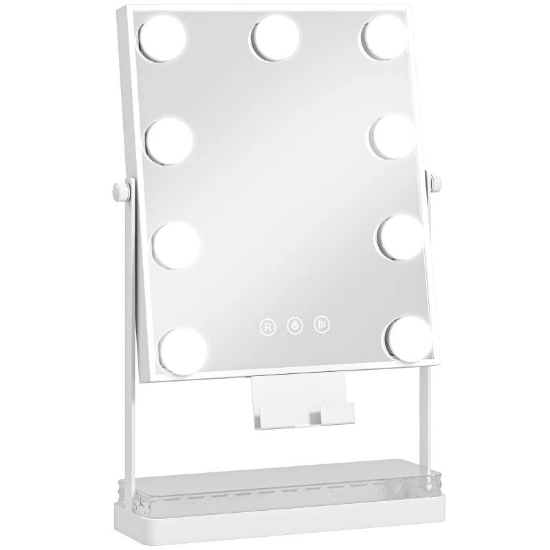 HOMCOM Hollywood Miroir de Maquillage avec Éclairage 9 Ampoules LED 3 Couleurs Interrupteur Tactile Support pour Téléphone Blanc
