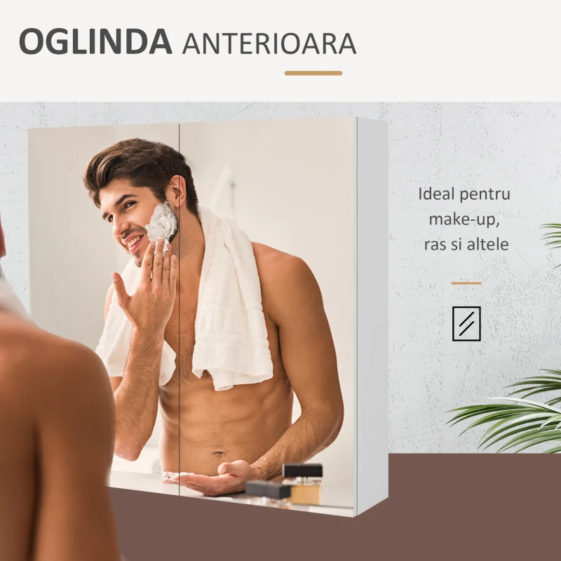 kleankin Dulap cu Oglindă pentru Baie cu 2 Uși Soft Close, 60x15x60 cm, Rafturi Reglabile, Dulap Suspendat Spațiu Economic, Alb Lucios