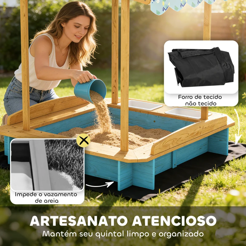 AIYAPLAY Caixa de Areia Infantil de Madeira com 2 Caixas de PP Caixa de Areia para Crianças de 3-6 Anos 128x118x121 cm Azul e Madeira