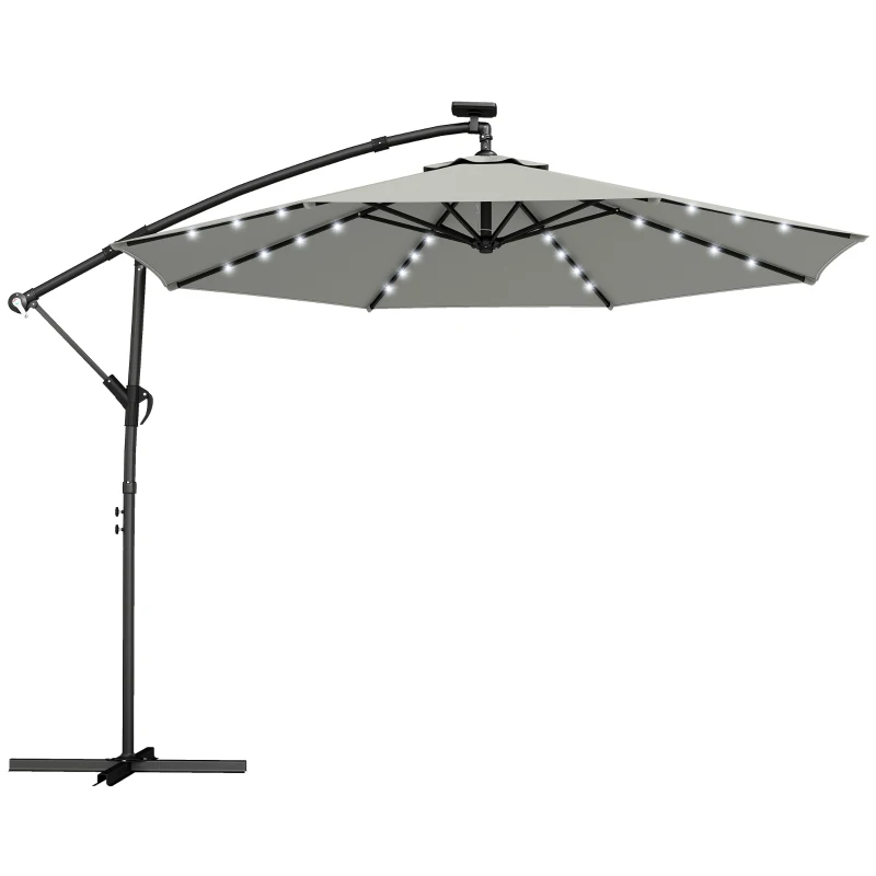 Outsunny Parasol déporté LED Solaire env. Ø300 cm Orientable Parasol à manivelle Pied Housse de protection Gris clair