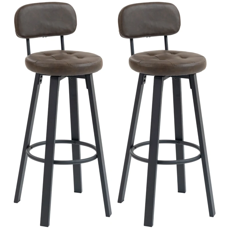 HOMCOM Set di 2 Sgabelli Alti da Bar con Schienale e Poggiapiedi, Rotanti Rivestiti in PU e Struttura in Metallo, 35.5x43.5x98 cm, Marrone scuro