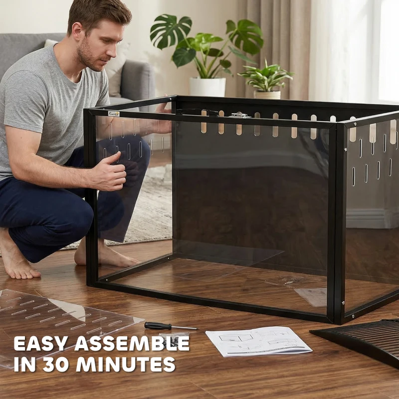 PawHut Gabbia per Criceti Grande con Coperchio Ventilato Ribaltabile, Telaio in Acciaio e Pannelli Trasparenti, 105x51x53 cm, Nero