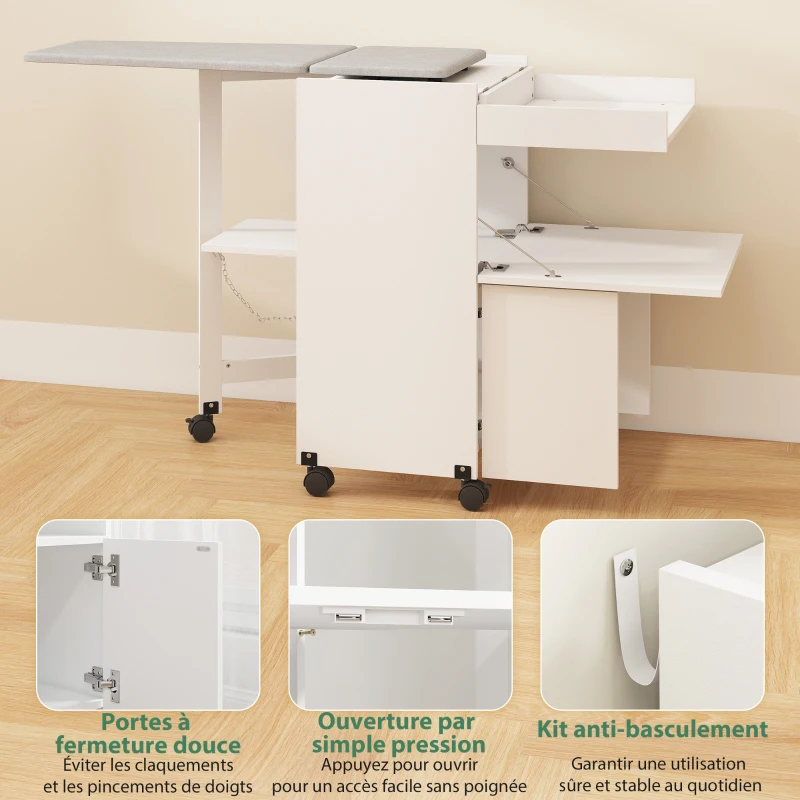 HOMCOM Meuble à repasser, table à repasser pliante sur roulettes avec portes par pression, charnières à fermeture douce, blanc