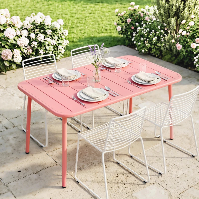 Outsunny Mesa de Jantar Exterior 120 x 70 cm para 4 Pessoas, Mesa de Jardim Retangular com Tampo em Ripas e Bordas Arredondadas, Vermelho