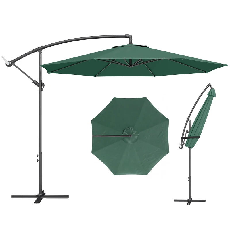 Outsunny 3 m Overhanging Cantilever Parasol, with Cross Base - Dark Green
