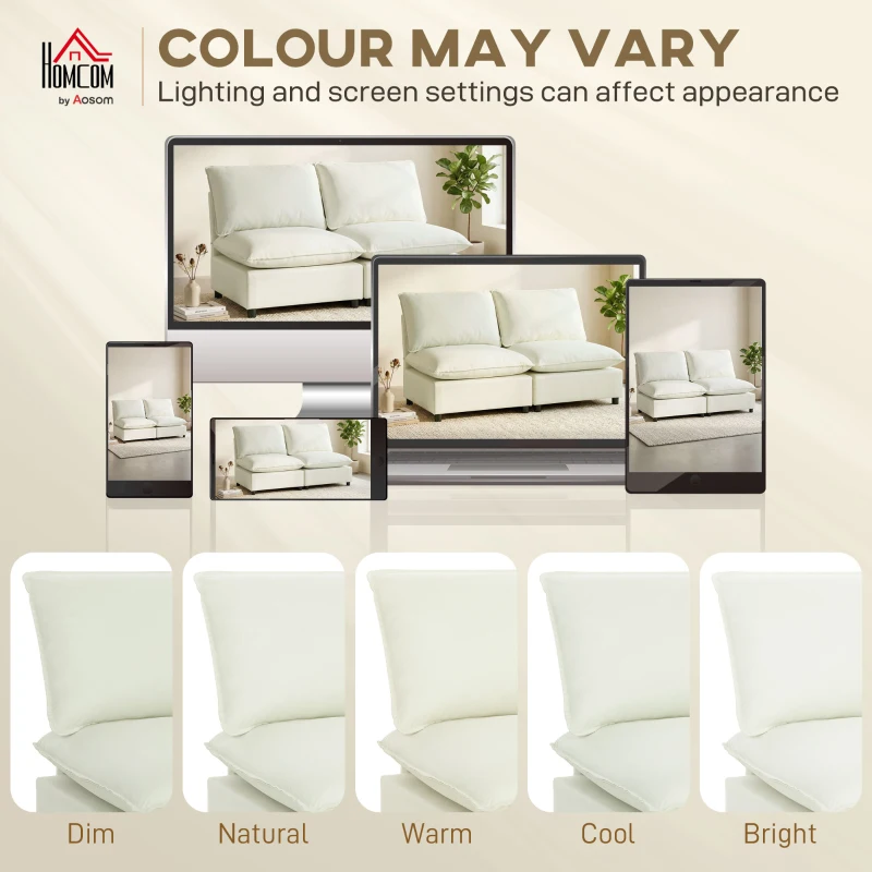 HOMCOM Sofá de 2 plazas modular, sofá de salón moderno 146 cm sin reposabrazos con asiento amplio, cojines gruesos, crema
