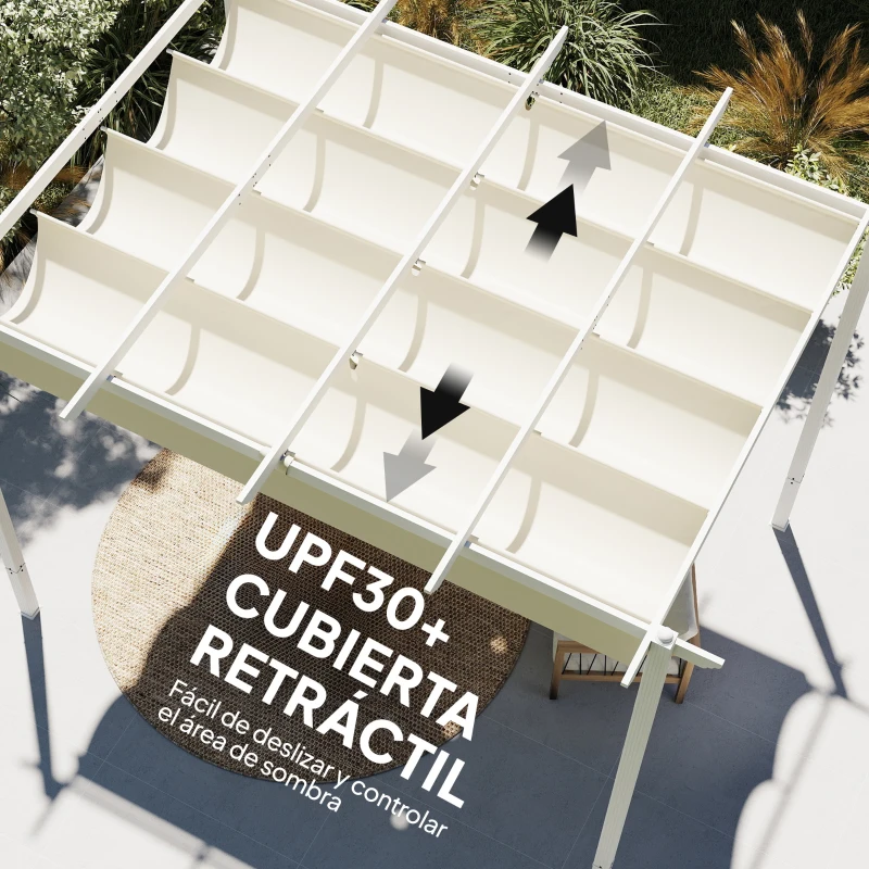 Outsunny Pérgola de Jardín 4x3 m con Techo Retráctil Protección UPF30+ Drenaje Cenador de Jardín para Patio Exterior Beige