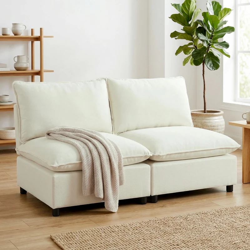 HOMCOM Divano a 2 Posti Modulabile, Divano da Salotto Moderno 146 cm senza Braccioli con Seduta Ampia e Cuscini Spessi, Crema