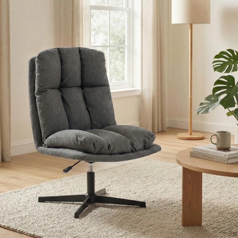 HOMCOM Fauteuil d'appoint pivotant, fauteuil de lecture en tissu effet lin sans accoudoirs avec large assise et pieds métalliques, Gris foncé