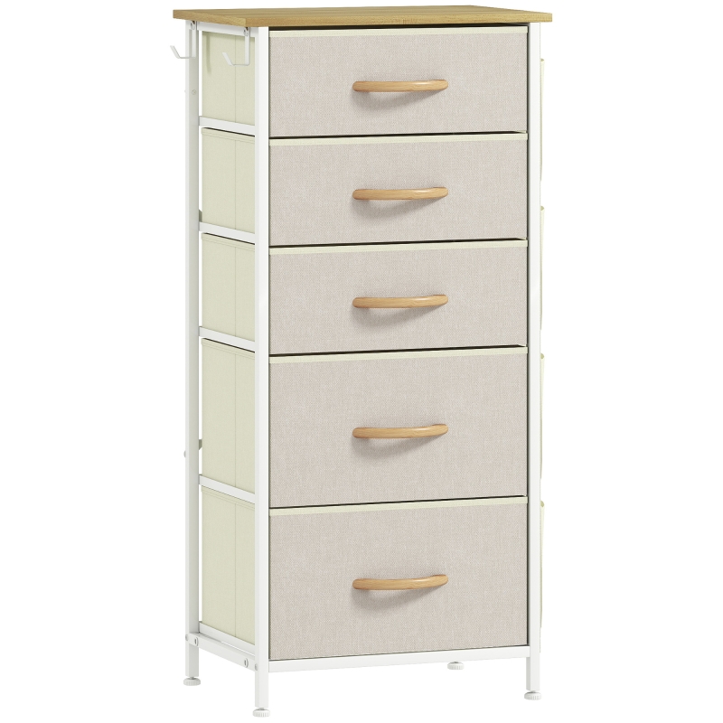 HOMCOM Bedroom chest of drawers with 5 fabric drawers, steel braces, wood surface, 4 storage pockets, 2 hooks, Beige