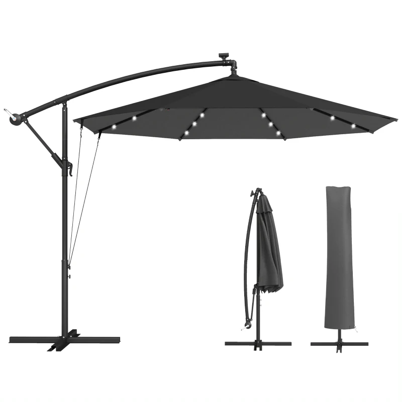Outsunny 3 m Cantilever Parasol with Solar LED Lights Garden Umbrella with Cross Base, Black