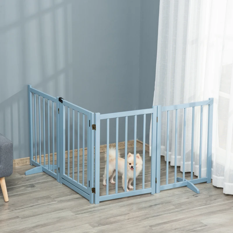 PawHut Barrera Plegable para Perros Pequeños/Medianos con 4 Paneles de Madera y Puerta, 237.5x36x80 cm, Gris
