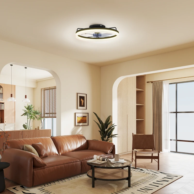 HOMCOM Ventoinha de Teto com Luz LED 40 W Motor DC Reversível Comando Remoto 6 Velocidades 3 Cores Temporizador Preto