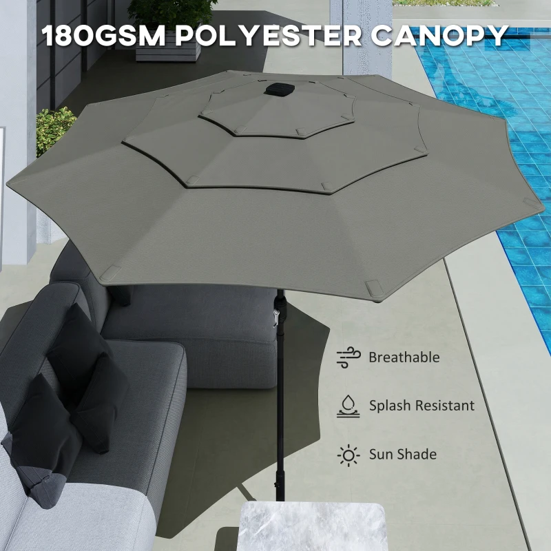Outsunny Garden Parasol, Parasol Umbrella with 3-tier Roof, Crank Handle, Tilt Function, Polyester Canopy, Grey