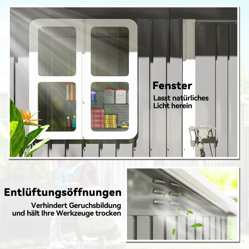Outsunny Gartenschuppen, Gartenhaus mit Fenster, verschließbare Tür, für Garten, Terrasse, Stahl, 221L x 133B x 190H cm, Grau(m-5)