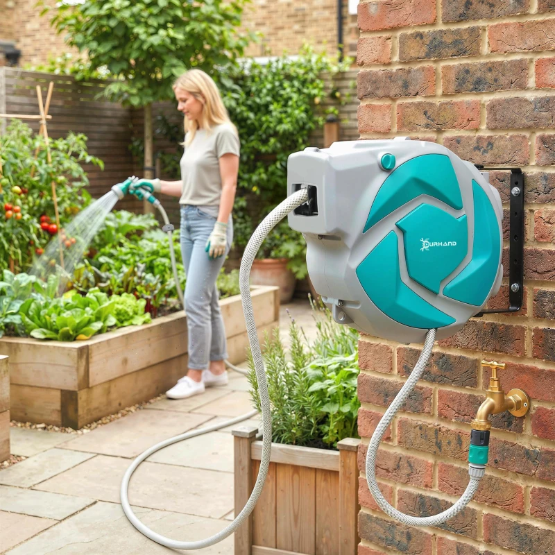 DURHAND Tuyau Rétractable Mural avec Tambour 10+1 m à Enroulement Automatique et Buse 7 Fonctions, Pivotant 180°