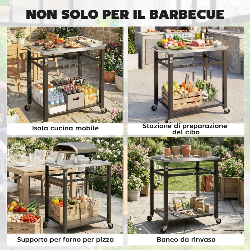 Outsunny Carrello per Barbecue con Piano in Acciaio Inox, 4 Ganci a S, Maniglia e Apribottiglie, 82x55x79 cm, Nero