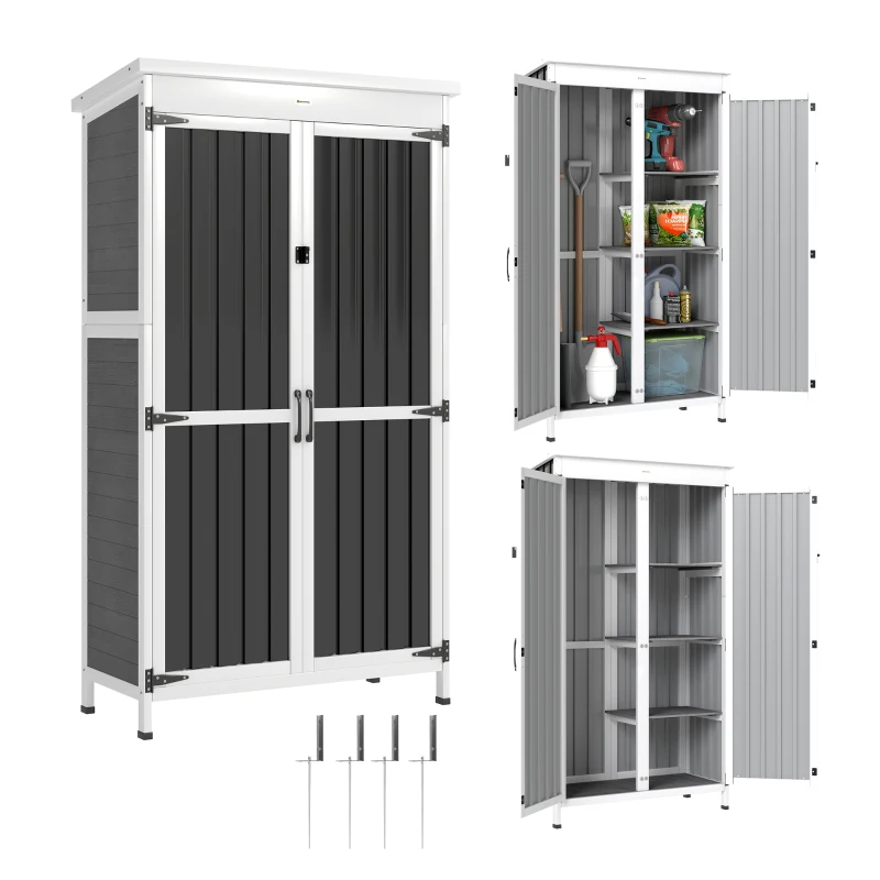 Outsunny Armadio da Giardino con Ripiani Rimovibili e Porta Bloccabile, in Legno e Acciaio, 94x43x166 cm, Bianco e Nero