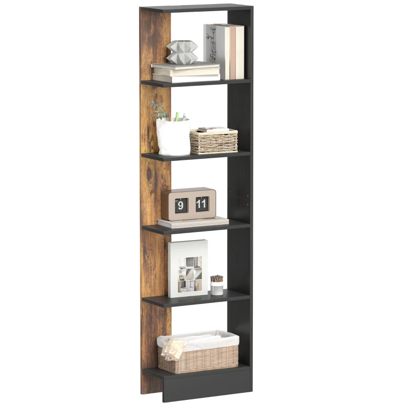 HOMCOM Bibliothèque moderne gain de place à 5 niveaux en bois 45x21x170 cm, Marron et Noir