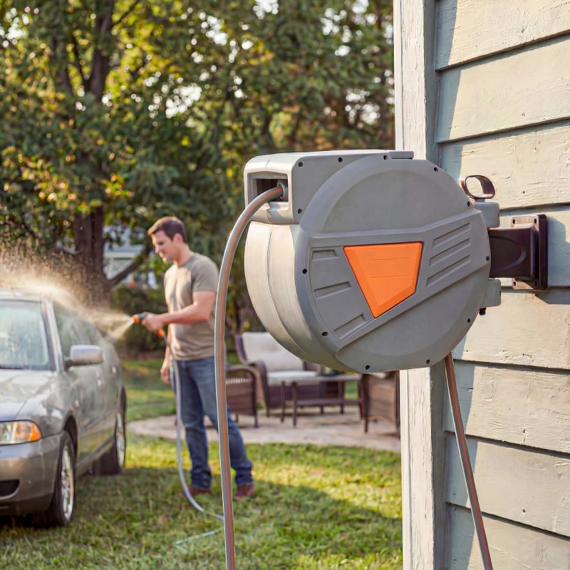 Outsunny Dévidoir de tuyau rétractable 30+2 m avec buse 2 modes Verrouillage automatique et rétraction contrôlée Support Orange