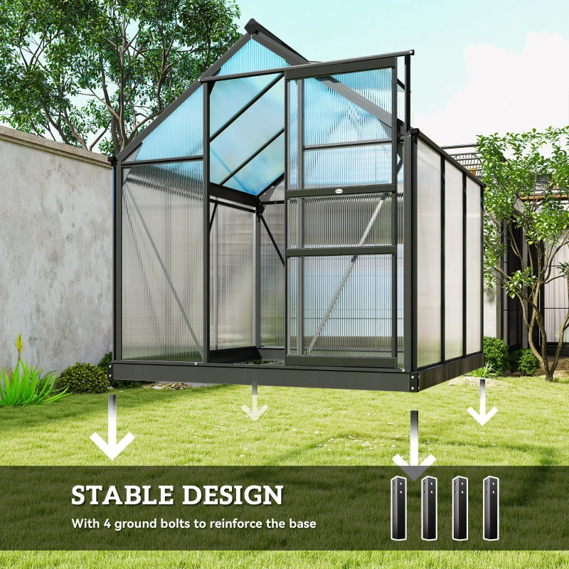 Outsunny 6 x 6ft Polycarbonate Greenhouse, Large Walk in Green House with Slide Door and Window, Garden Plants Grow House with Aluminium Frame and Foundation, Grey