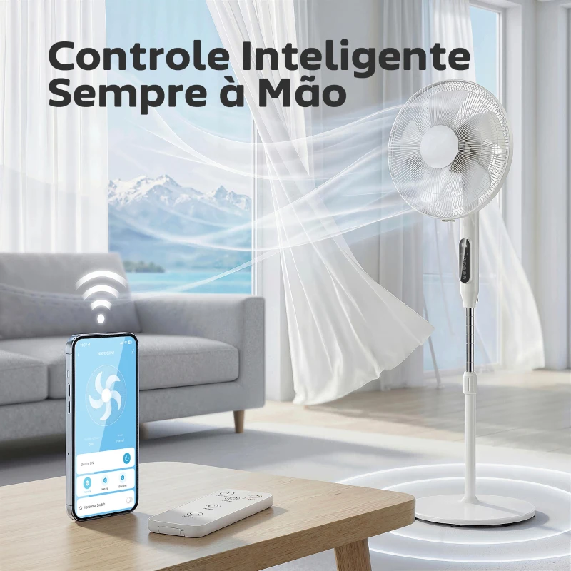 HOMCOM Ventoinha de Pé com Controlo Remoto Função Wifi Altura Ajustável 3 Velocidades 3 Modos Oscilação Temporizador Branco
