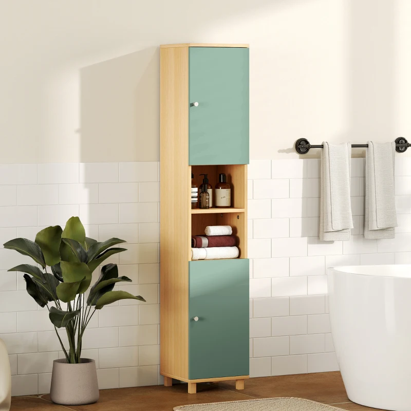 HOMCOM Mueble de baño mueble de almacenamiento 2 puertas 2 compartimentos abiertos estantes ajustables 30 x 30 x 166 cm, verde