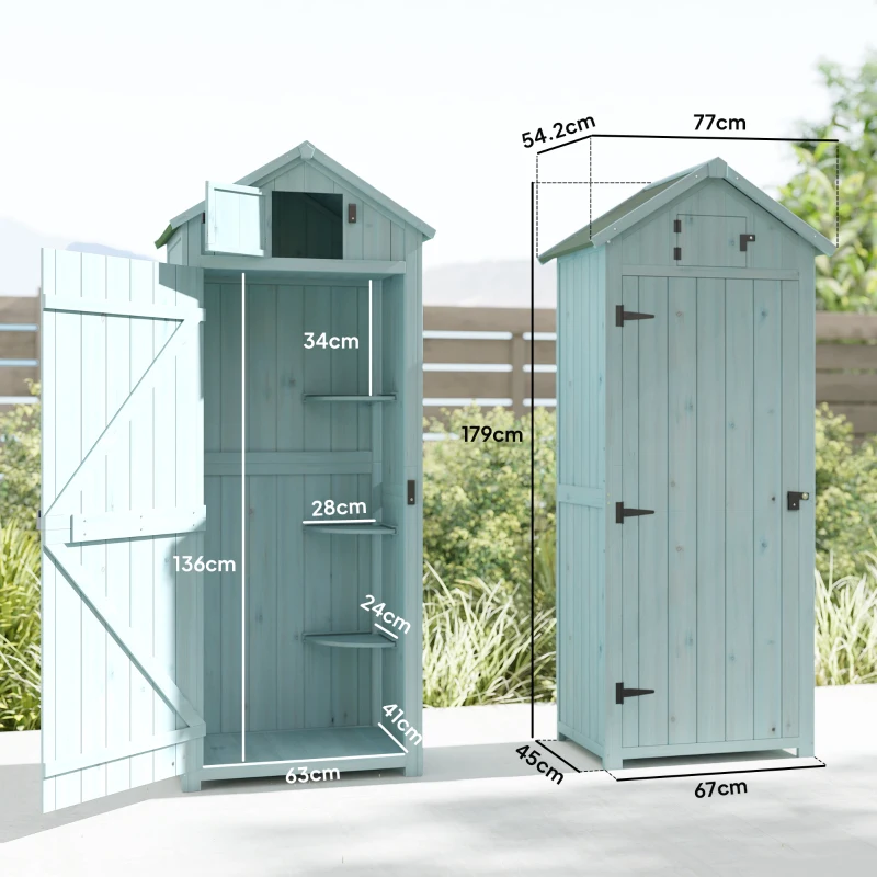 Outsunny Garden Shed Vertical Utility 3 Shelves Shed Wood Outdoor Garden Tool Storage Unit Storage Cabinet, 77 x 54.2 x 179cm - Blue