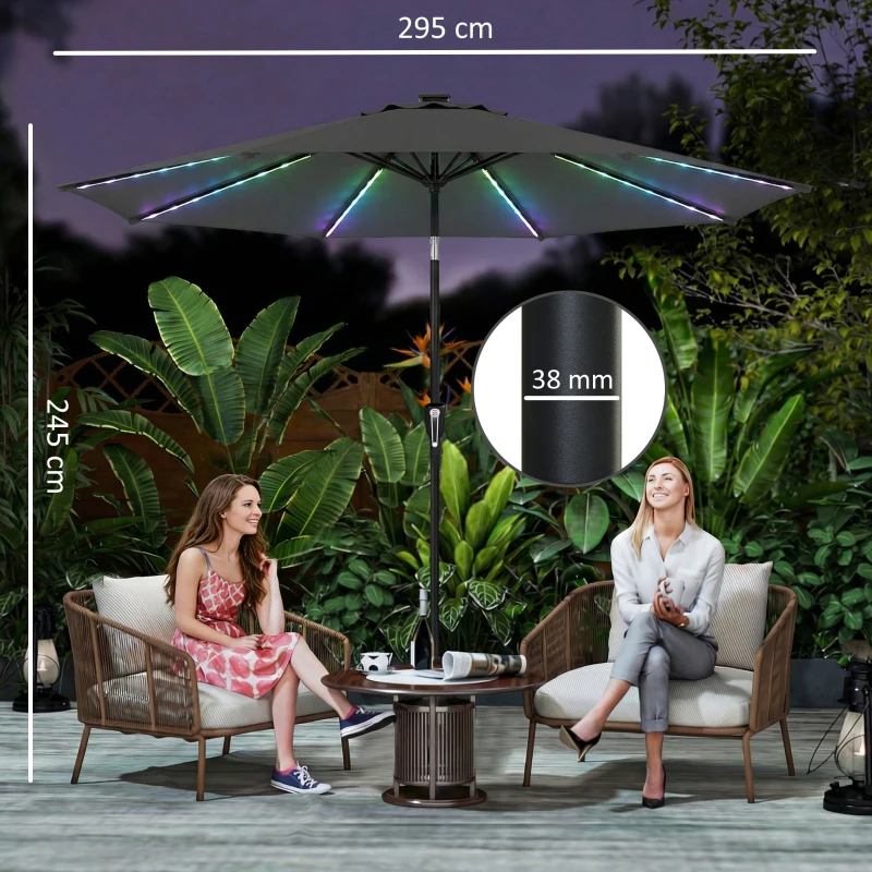 Outsunny 3 m Garden Parasol Umbrella with 112 Solar Powered LED Lights, Patio Umbrella with Crank Handle, Grey