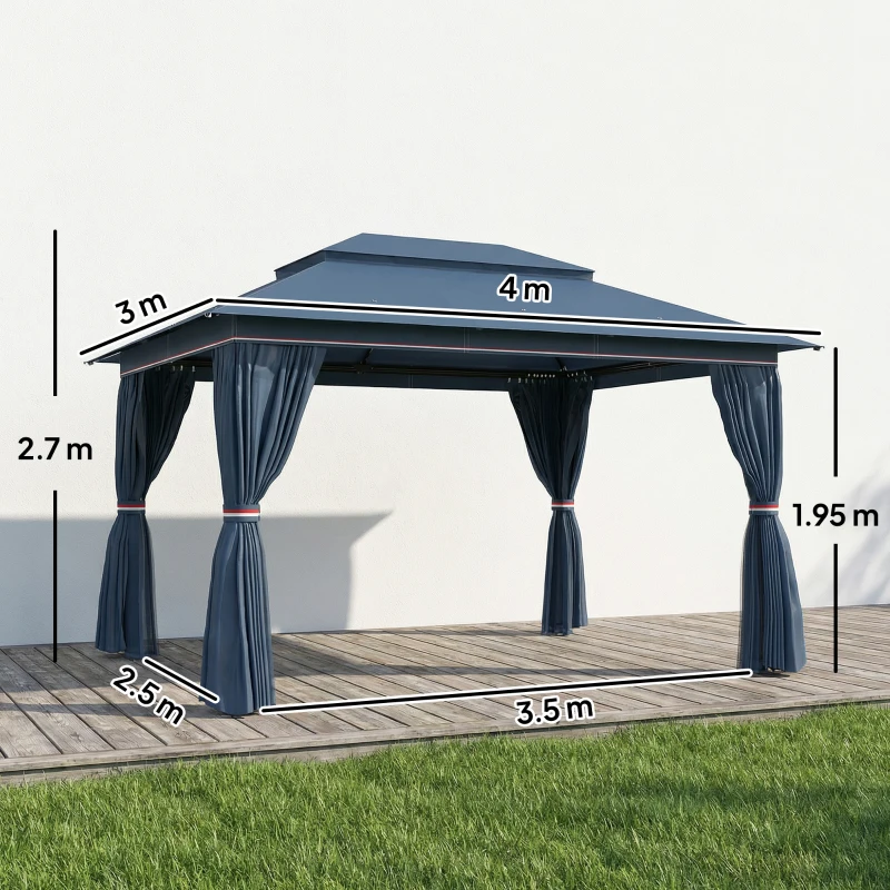 Outsunny 3 x 4 m Outdoor Garden Gazebo with Netting and Curtains, UPF50+ Patio Gazebo Permanent Pavilion Canopy, Dark Blue
