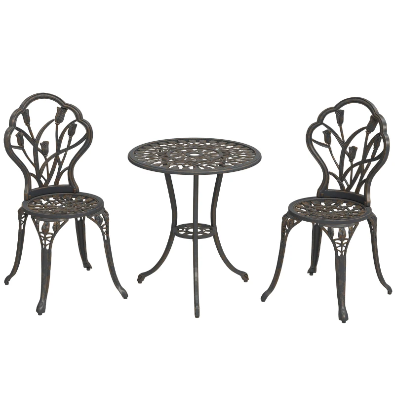 Outsunny Ensemble d'extérieur 3 pièces avec 2 chaises de jardin et table ronde avec trou pour parasol, Bronze