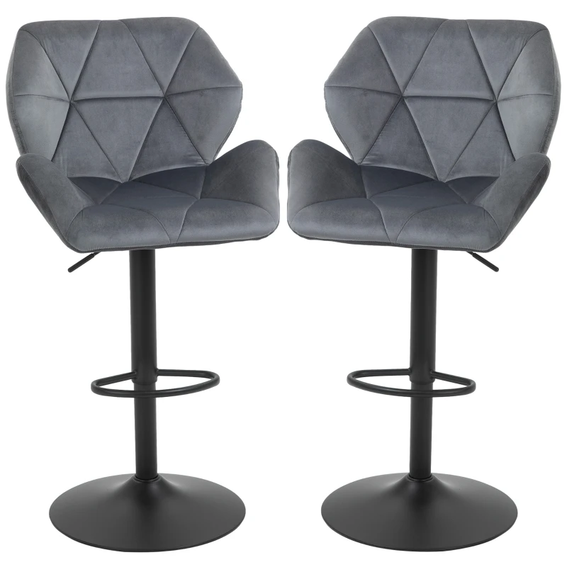 HOMCOM Taburetes de bar Set de 2, Taburete acolchado con estructura metálica, Respaldo, efecto terciopelo, Altura regulable, Giratorio 360°