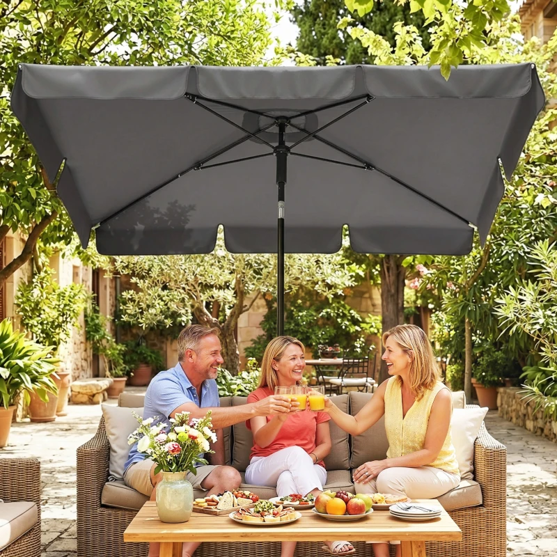 Outsunny Umbrelă de soare dreptunghiulară umbrelă pentru balcon cu înclinare în 3 trepte, mecanism cu manivelă, umbrelă de plajă cu 8 spițe 183x122x222 cm Gri închis
