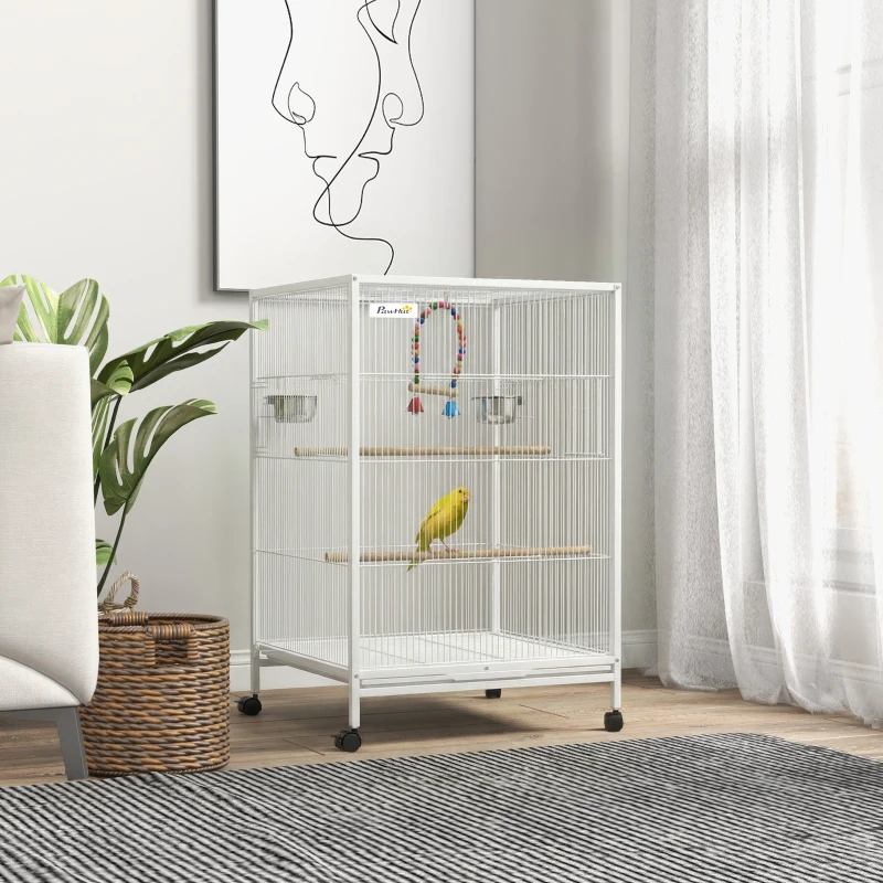 PawHut Cage pour oiseaux sur roulettes avec mangeoires, perchoirs, balançoire et plateau amovible 48x46x78 cm Blanc