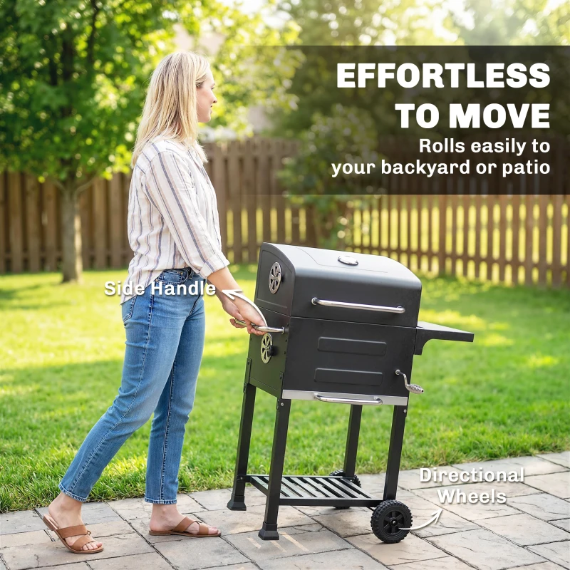 Outsunny Portable Charcoal Grill with Stainless Steel Grates Side Shelf Thermometer Ash Pan and Wheels Black