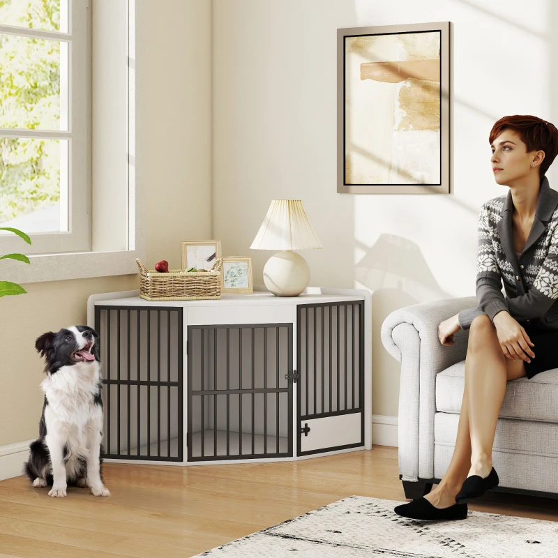 PawHut Jaula para perros, caja de estancia para perros pequeños y medianos, caseta para mascotas, puerta de alimentación, MDF, metal, blanco